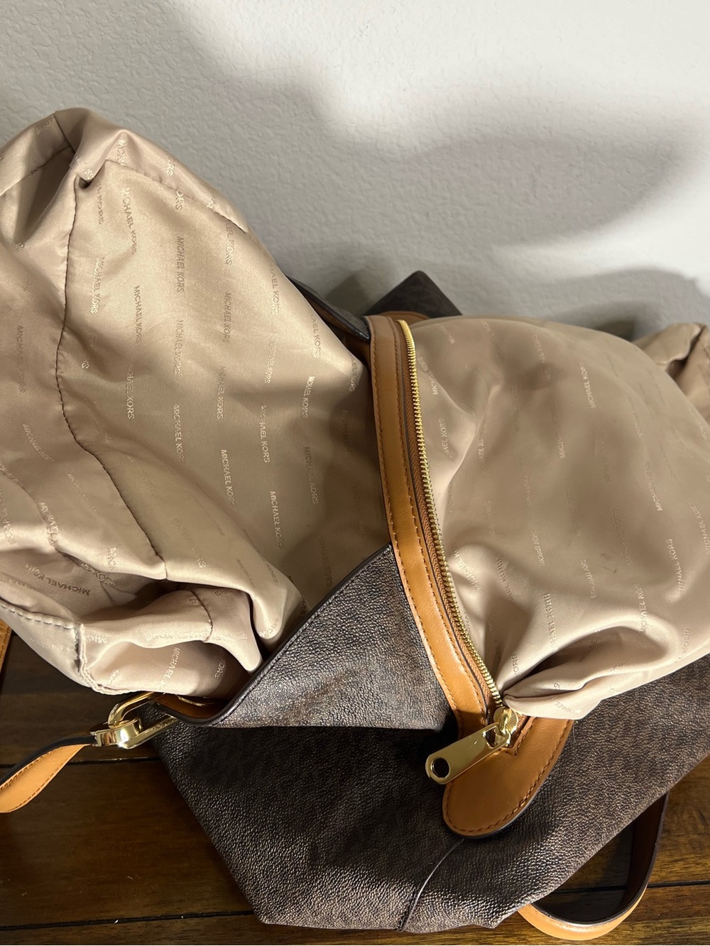 Michael Kors Brown MK Monogram Shoulder Tote with Gold Hardware - Picture 6 of 11